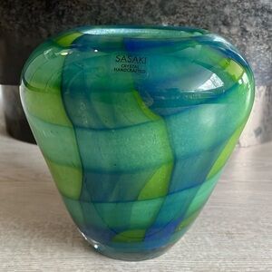 Sasaki Green Blue Heavy Thick Crystal Vase Perfect Condition